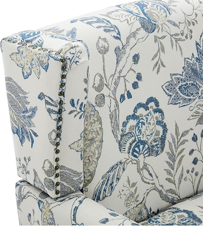 UIXE High Back Floral Accent Chair, Fabric Upholstered Armchair Wingback Chair for Living Room, Nailhead Trim Single Sofa Bedroom Side Reading Seat - Plants Blue