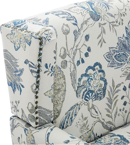 UIXE High Back Floral Accent Chair, Fabric Upholstered Armchair Wingback Chair for Living Room, Nailhead Trim Single Sofa Bedroom Side Reading Seat - Plants Blue