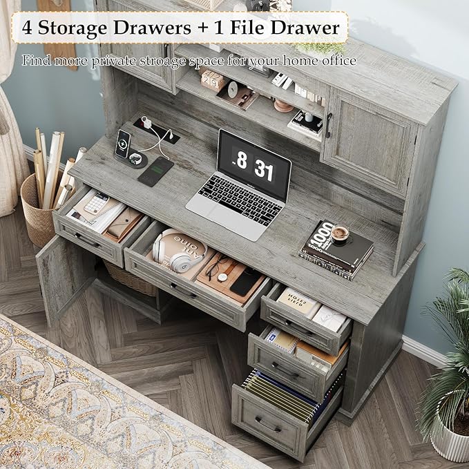 67" H Farmhouse Executive Desk with Hutch. Wood Workstation with 5 Drawers, Storage Cabinet, File Drawers and Charging Station, Ideal as Office Desks, Computer Desk for Home Office and Study.Gray