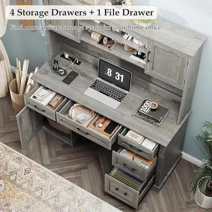 67" H Farmhouse Executive Desk with Hutch. Wood Workstation with 5 Drawers, Storage Cabinet, File Drawers and Charging Station, Ideal as Office Desk, Computer Desk for Home Office and Study.Gray