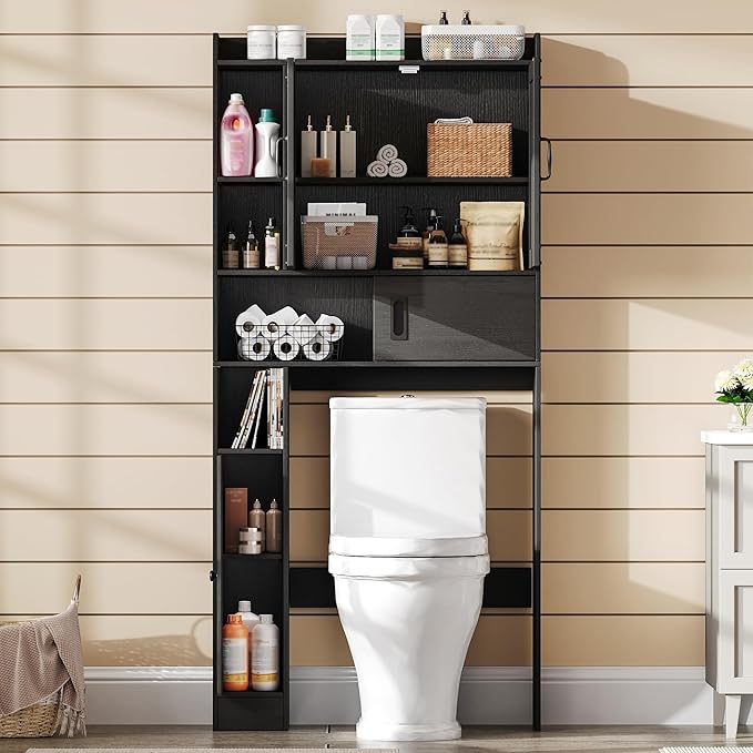 ChooChoo Over The Toilet Storage Cabinet, Farmhouse Bathroom Shelf Over Toilet with Adjustable Shelves, Above Toilet Storage Cabinet with Sliding Door for Bathroom, Laundry Room, Black