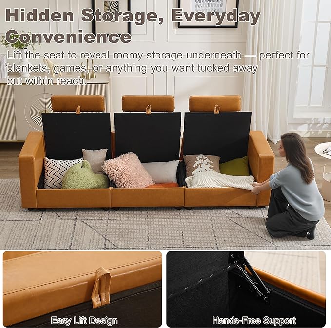 98.2" Oversized 3 Seater Storage Couch, Faux Leather Modular Sectional Sofa with Headrest & Side Pockets, Cloud Upholstered Couches Deep Seat, Sofas for Living Room Apartment Small Spaces, Brown