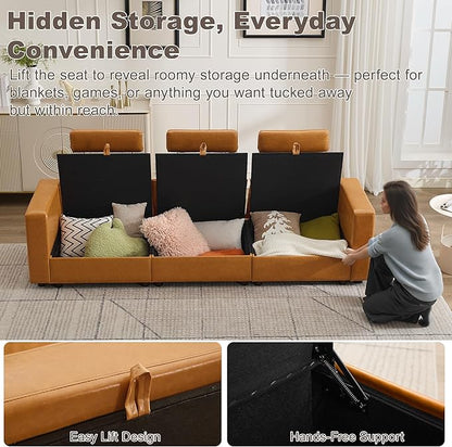 98.2" Oversized 3 Seater Storage Couch, Faux Leather Modular Sectional Sofa with Headrest & Side Pockets, Cloud Upholstered Couches Deep Seat, Sofas for Living Room Apartment Small Spaces, Brown