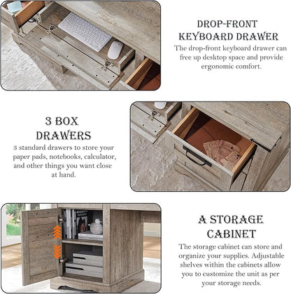RedLemon 60" Farmhouse Executive Desk with Drawers, Wood Home Office Desk w/Charging Station, Keyboard Tray, File Drawer, Storage Cabinet, Rustic Computer Writing Desk (Light Rustic Oak)
