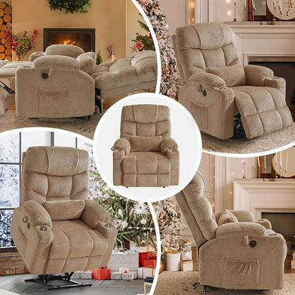 ABCASA Oversized Dual Motor Lay Flat Power Lift Recliner Chair Set of 2 for Elderly with Massage and Heat, Textile Large Recliner Chair, Lift Chairs Recliner with Lumbar Pillow, Cup Holder, Beige