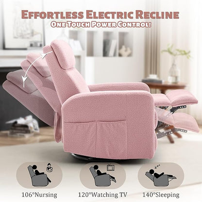 Power Swivel Recliner Chairs for Adults, Electric Glider Rocking Chair Nursery, Glider Recliner Nursery Chair with Classified Side Pocket, Nursery Rocking Chairs with USB and Type-C Ports
