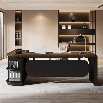 Tribesigns 81-Inch L-Shaped Office Desk, Large Commercial Office Desk with Drawers and File Cabinet, Modern Professional Business Furniture Workstations with Storage Shelves, Brown & Black