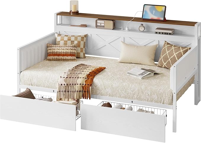 IRONCK Twin Size Daybed with Storage Drawers, Sturdy Metal Bed Frame with X-Shaped Headboard and Charging Station, Upholstered Farmhouse Daybed for Living Room, Bedroom, and Guest Room, White/Walnut