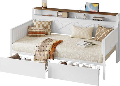 IRONCK Twin Size Daybed with Storage Drawers, Sturdy Metal Bed Frame with X-Shaped Headboard and Charging Station, Upholstered Farmhouse Daybed for Living Room, Bedroom, and Guest Room, White/Walnut