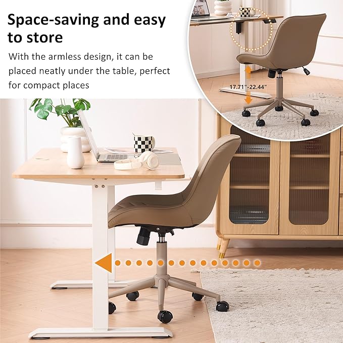YOUNIKE Khaki Home Office Desk Chair No Arms Comfy Small Vanity Chair Chair with Wheels Swivel Adjustable Modern Ergonomic Task with Back Armless Cute Leather Upholstered Rolling Chair