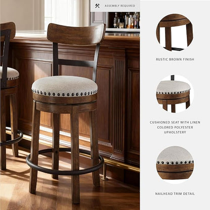 Signature Design by Ashley Valebeck Rustic Farmhouse Swivel Bar Stool – 24.5″ Counter Height, 360° Swivel Metal & Wood Frame, Polyester Upholstery – Brown