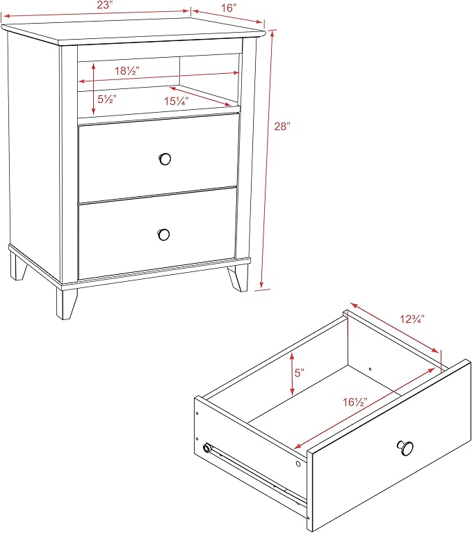 Prepac Yaletown Traditional 2-Drawer Tall Nightstand Side Table, Bedside Table with 2 Drawers and Open Shelf 16" D x 23" W x 28" H, Black, BDNH-1202-1