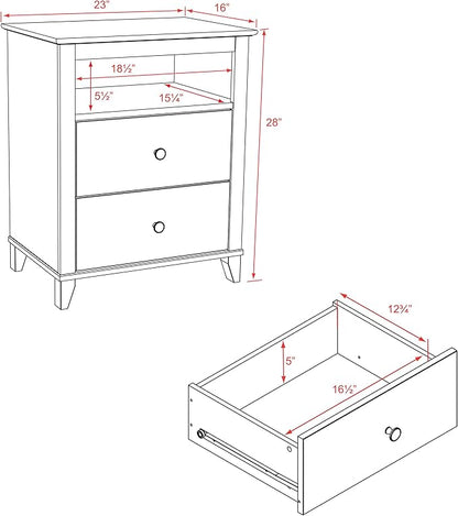 Prepac Yaletown Traditional 2-Drawer Tall Nightstand Side Table, Bedside Table with 2 Drawers and Open Shelf 16" D x 23" W x 28" H, Black, BDNH-1202-1