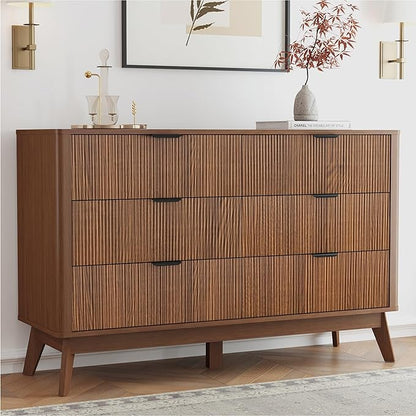 SUNWAVE 6 Drawer Dresser for Bedroom, 49.6" Wide Modern Fluted Dresser with Round Corner, Wood Chest of Drawers for Living Room