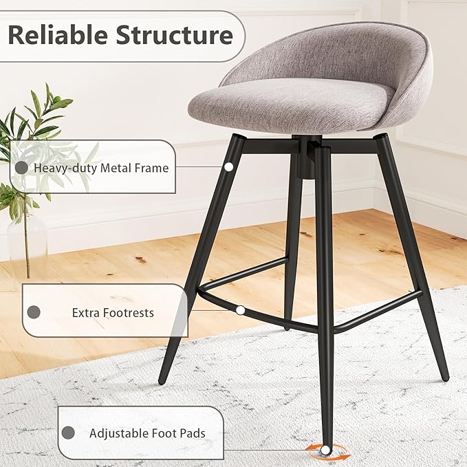 COSTWAY Bar Stools Set of 2, 25" Upholstered Counter Height 360° Swivel Bar Stools w/Backrest & Footrest, Heavy-Duty Metal Frame Armless Breakfast Chairs for Kitchen, Living Room (Set of 2,Grey)