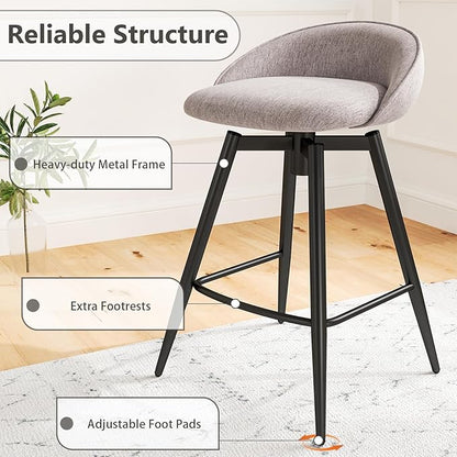 COSTWAY Bar Stools Set of 2, 25" Upholstered Counter Height 360° Swivel Bar Stools w/Backrest & Footrest, Heavy-Duty Metal Frame Armless Breakfast Chairs for Kitchen, Living Room (Set of 2,Grey)