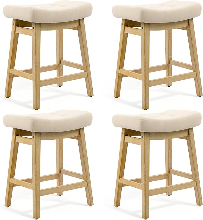 Counter Height Bar Stools Set of 4 for Kitchen Counter Farmhouse Modern Barstools with Upholstered Fabric Backless Seat and Solid Wood Legs 24 inch Bar Chairs, Khaki + Wood Color