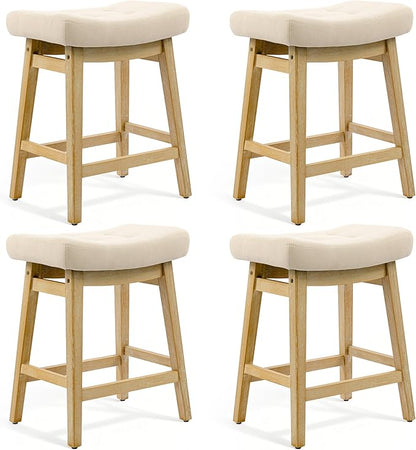 Counter Height Bar Stools Set of 4 for Kitchen Counter Farmhouse Modern Barstools with Upholstered Fabric Backless Seat and Solid Wood Legs 24 inch Bar Chairs, Khaki + Wood Color