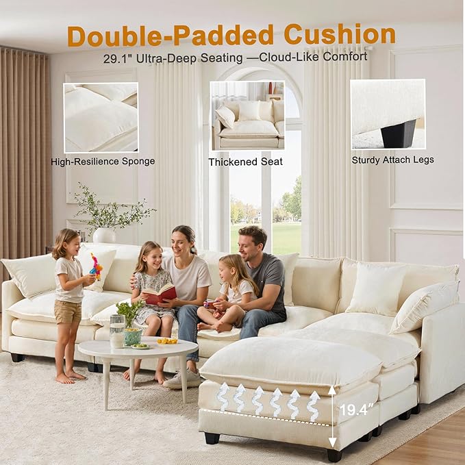 U-Shaped Cloud Chenille Sectional with 2 Ottomans, 146" Modular Sofa for Large Spaces, Ultimate Comfort with Deep Seats & Pillows, Solid Frame, 1YR Warranty