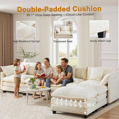 U-Shaped Cloud Chenille Sectional with 2 Ottomans, 146" Modular Sofa for Large Spaces, Ultimate Comfort with Deep Seats & Pillows, Solid Frame, 1YR Warranty