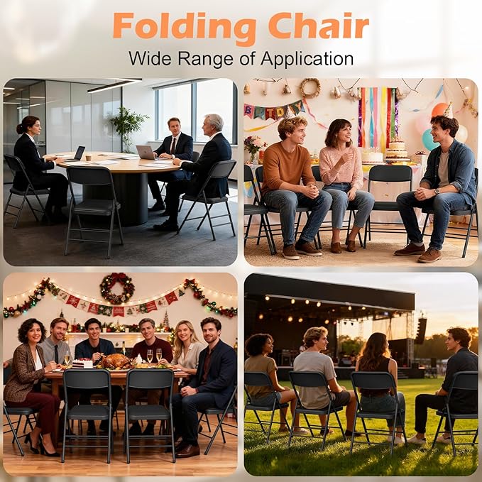 Folding Chairs 4 Pack with Padded Cushion and Back, Metal Folding Chairs with Comfortable Cushion and Durable Steel Frame Capacity for Home, Office, Party and Outdoor Events (PU-Black, 4 Pack)