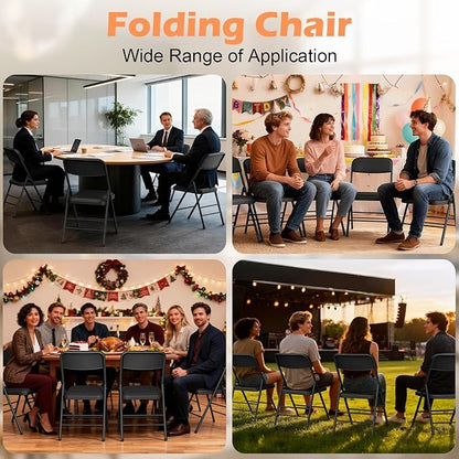 Folding Chairs 4 Pack with Padded Cushion and Back, Metal Folding Chairs with Comfortable Cushion and Durable Steel Frame Capacity for Home, Office, Party and Outdoor Events (PU-Black, 4 Pack)