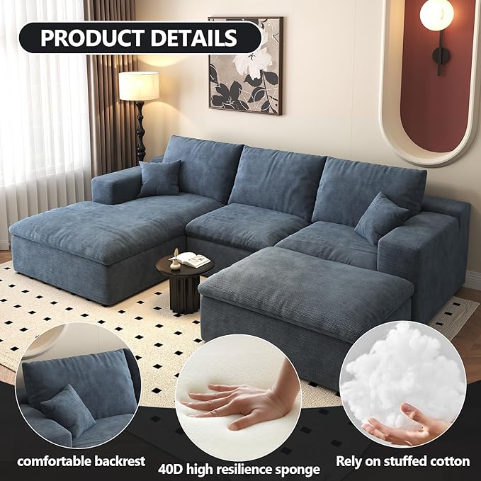 107'' U-Shaped Modern Modular Sectional Cloud Couch Whit Ottoman, 4-Seat Chenille Deep-Seat Sofa with Pillow for Living Room, Bedroom, Apartment, Ocean Blue