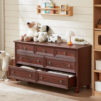 7 Drawers Dresser for Bedroom, Farmhouse 54" Wide Wood Dressers Chest of Drawers, Vintage Design TV Stand, Rustic Storage Dresser Organizer with Metal Handle Closet for Living Room, Hallway