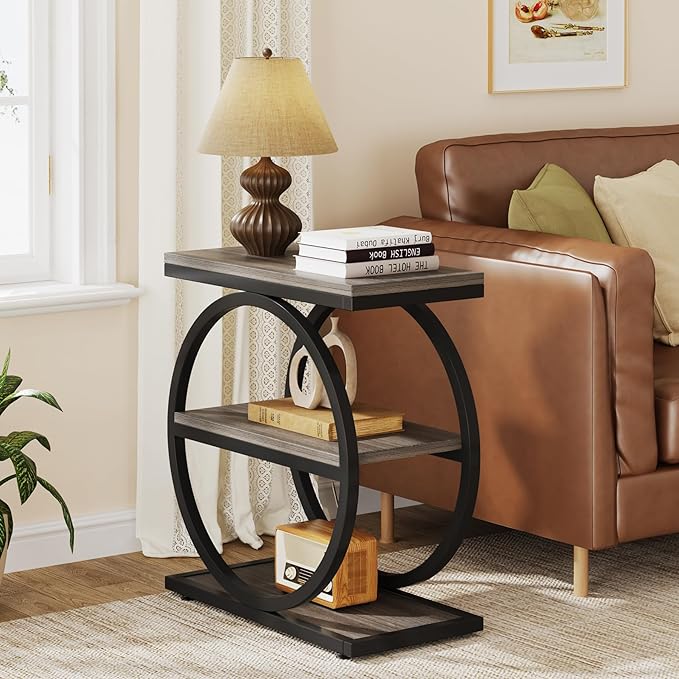 LITTLE TREE 3-Tier End Table, Grey Side End Table with Storage Shelves, Small Sofa Side Table for Living Room, Slim Nightstand and Bedside Table with Black Double Round Metal Legs