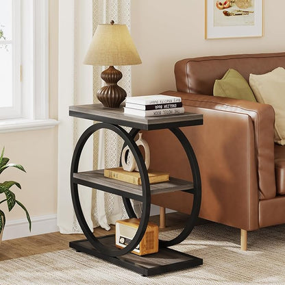 LITTLE TREE 3-Tier End Table, Grey Side End Table with Storage Shelves, Small Sofa Side Table for Living Room, Slim Nightstand and Bedside Table with Black Double Round Metal Legs
