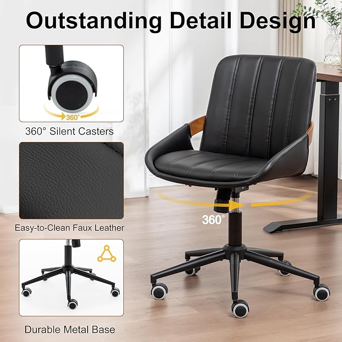 Small Home Office Chair No Arms,PU Leather Desk Chair with Wheels,Adjustable Height Work Chair,360° Swivel Computer Desk Chair for Office, Reading and Study (Black)