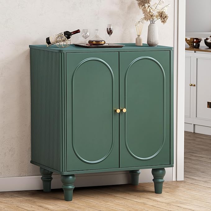 ORRD Fluted Storage Cabinet, Modern Credenza Wooden Accent Sideboard Buffet Cabinet Set of 2 with Adjustable Shelves and Solid Wood Legs, Console Table for Kitchen Dining Living Room Entryway, Green