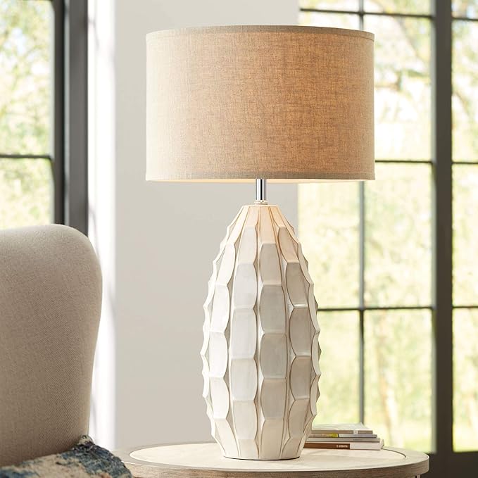 Possini Euro Design Cosgrove Mid Century Modern Coastal Table Lamp 32.75" Tall Ceramic White Handcrafted Beige Fabric Drum Shade Decor for Living Room Bedroom House Bedside Home (Colors May Vary)