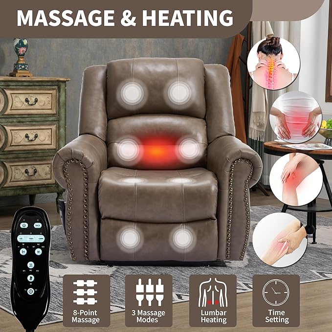 Recliner Chairs for Adults, Oversized Bedroom Chair with Massage, Sofa Chair Home Theater Seating with Lumbar Support, Lift Chair for Elderly, Nursery Chair for Living Room (Genuine Leather)