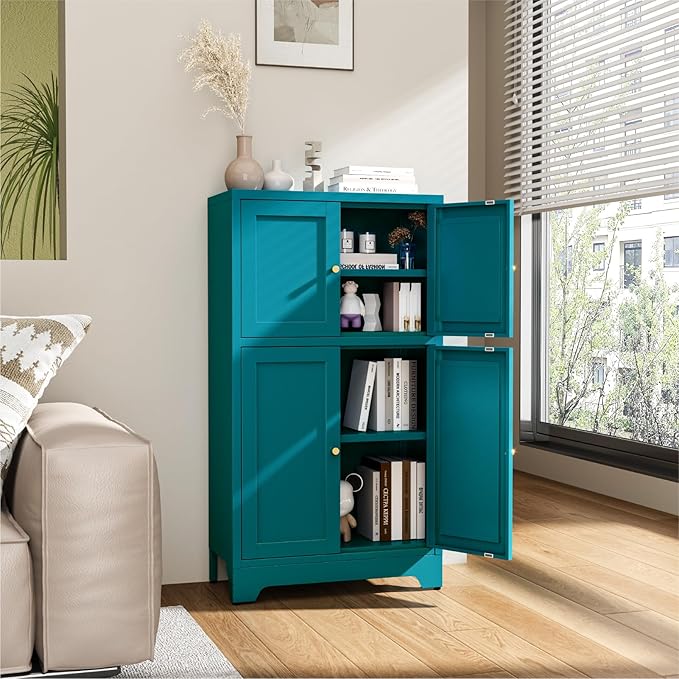 Metal Bathroom Storage Cabinet, Freestanding Pantry Floor Cabinet with 4 Doors and 2 Adjustable Shelves for Living Room, Dining Room, Kitchen (Blue, 43.3" H-4 Doors)
