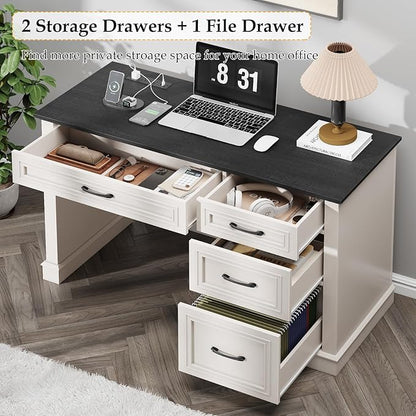 Vabches Farmhouse 47" Executive Desk, Computer Desk with Drawers and File Drawer, Workstation Computer Desk with Charging Station for Home Office, Study,（Black