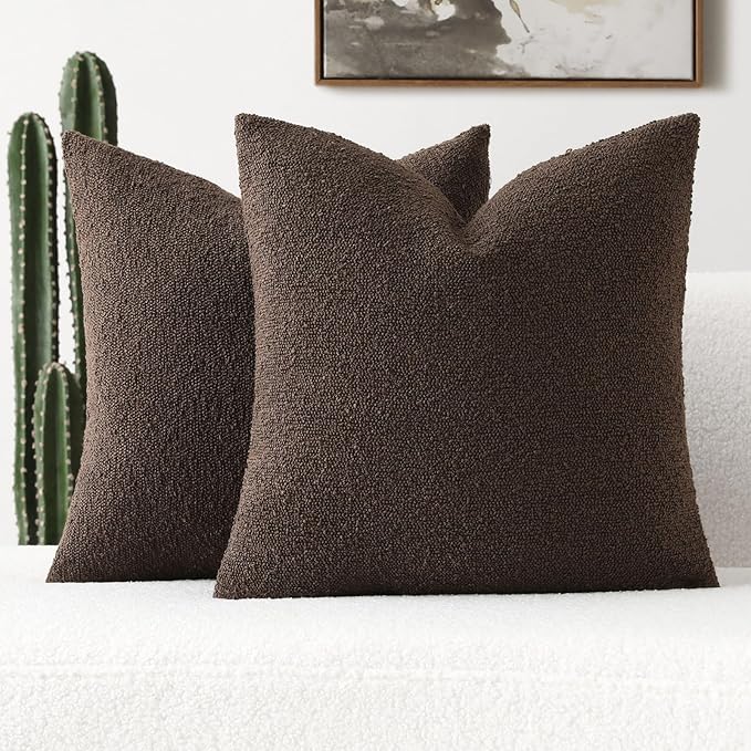 FUTEI Pack of 2 Dark Coffee Decorative Throw Pillow Covers 24x24 Inch Soft Cozy Solid Boucle Textured European Cushion Case,Modern Home Decor for Couch Bed Living Room