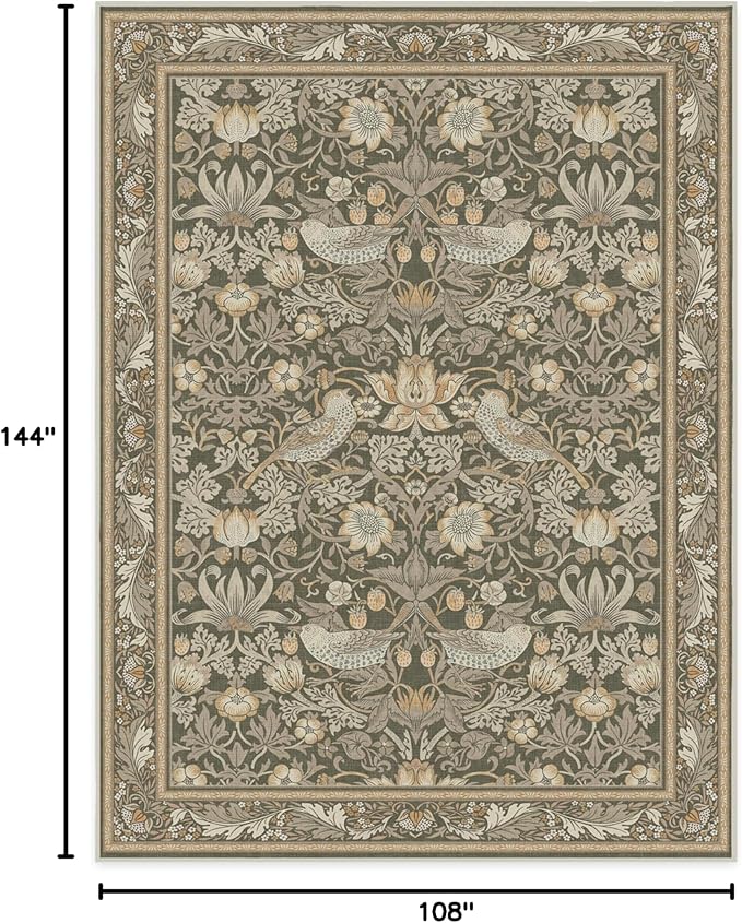 RUGGABLE x Morris & Co Washable Area Rug–Strawberry Thief Stone Gold 9x12, Stain-Resistant, Non-Slip–Large Machine Washable Rugs for Living Room, Bedroom, Hallway, Entryway & Office–with Standard Pad