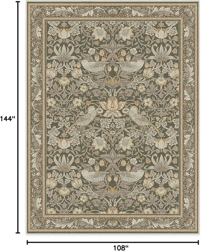 RUGGABLE x Morris & Co Machine Washable Area Rug – Strawberry Thief Stone Gold 9x12, Stain-Resistant, Non-Slip – Large Rugs for Living Room, Bedroom, Hallway, Entryway & Office–with Cushioned Pad
