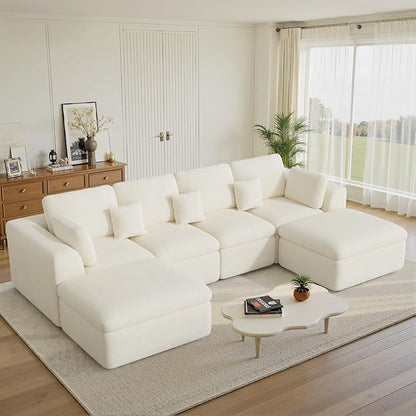 144" Cloud Sectional Couches for Living Room, Convertible U-Shape Couch with Ottoman, 6 Seater Modular Sectional Sofa,Beige Chenille