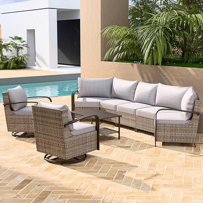 COOS BAY Aurora Terrace Half-Moon Outdoor Furniture Set, Rattan Conversation Set with Swivel Rockers, Curved 5-Seat Sofa, Coffee Table, Seats 7, Beige/Beige