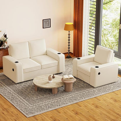 Furnimart 4-Seater Sectional Sofa and Couch Set Teddy Fabric, Loveseat & 2PC Chairs with USB Charger and Cup Holder, Small Living Room Furniture Set for Apartment, Tiny Homes and Lofts, 3PC-Beige