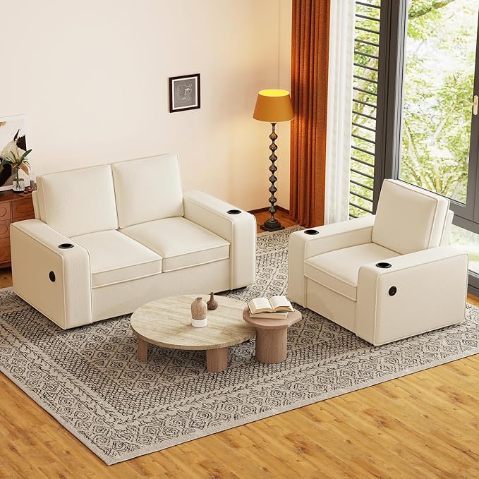 Furnimart 3-Seater Living Room Set Teddy Fabric, 58" Wide Loveseat & Accent Chair with USB Chargers, Cup Holders & High-Density Foam, Modern Sofa & Armchair Set for Apartment, Living Room(2 Colors)