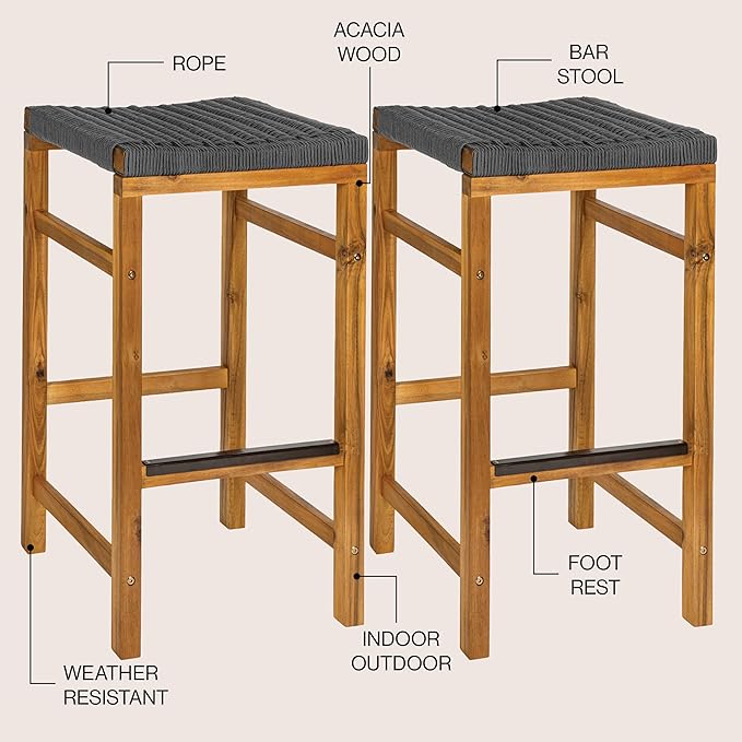 JONATHAN Y BSL1201B-SET2 Armand 30" Modern Coastal Backless Acacia Wood Outdoor Bar Stool with Woven Rope Seat, for Pool, Deck, Poolside, Light Teak/Grey (Set of 2)