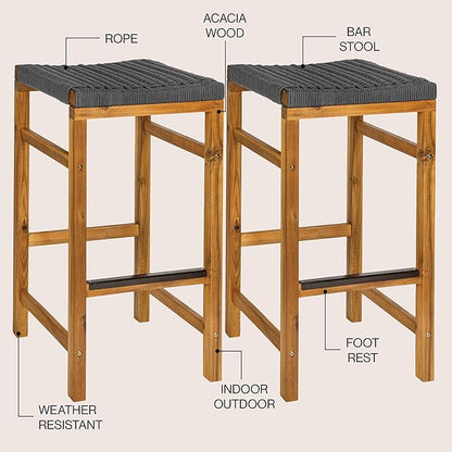 JONATHAN Y BSL1201B-SET2 Armand 30" Modern Coastal Backless Acacia Wood Outdoor Bar Stool with Woven Rope Seat, for Pool, Deck, Poolside, Light Teak/Grey (Set of 2)