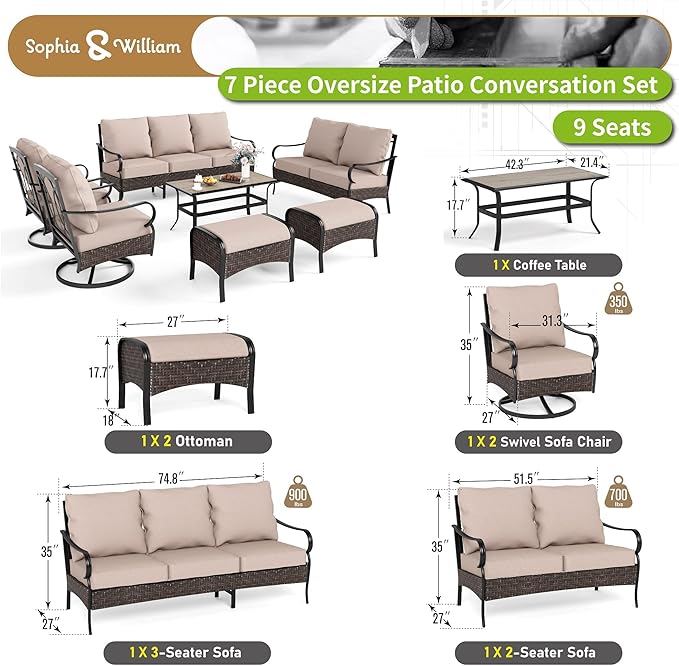 Sophia & William Patio Furniture Set, Outdoor Metal Conversation Set 9 Seats with 3-Seater Sofa, 2 Swivel Chairs, 1 Loveseat, 2 Ottoman, 1 Coffee Table for Seating, Lawn Porch Backyard,Beige