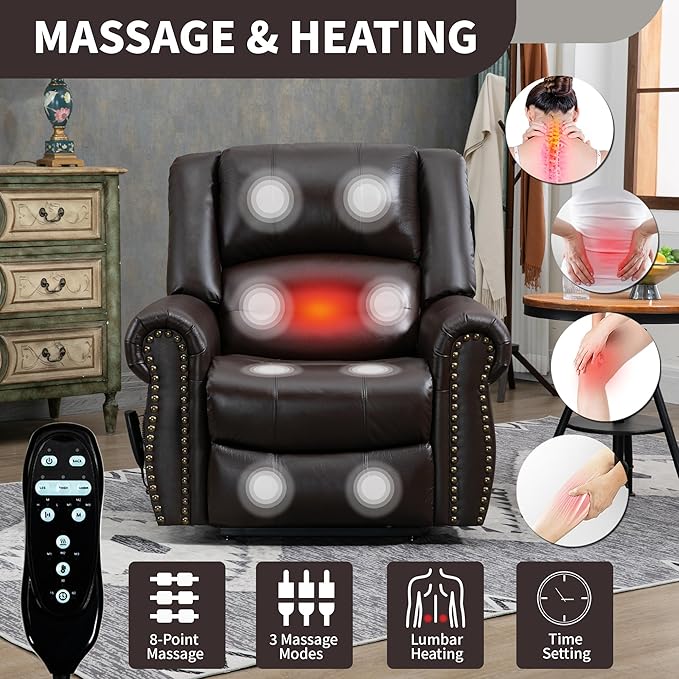 Recliner Chairs for Adults, Oversized Bedroom Chair with Massage, Sofa Chair Home Theater Seating with Lumbar Support, Lift Chair for Elderly, Nursery Chair for Living Room (Genuine Leather)