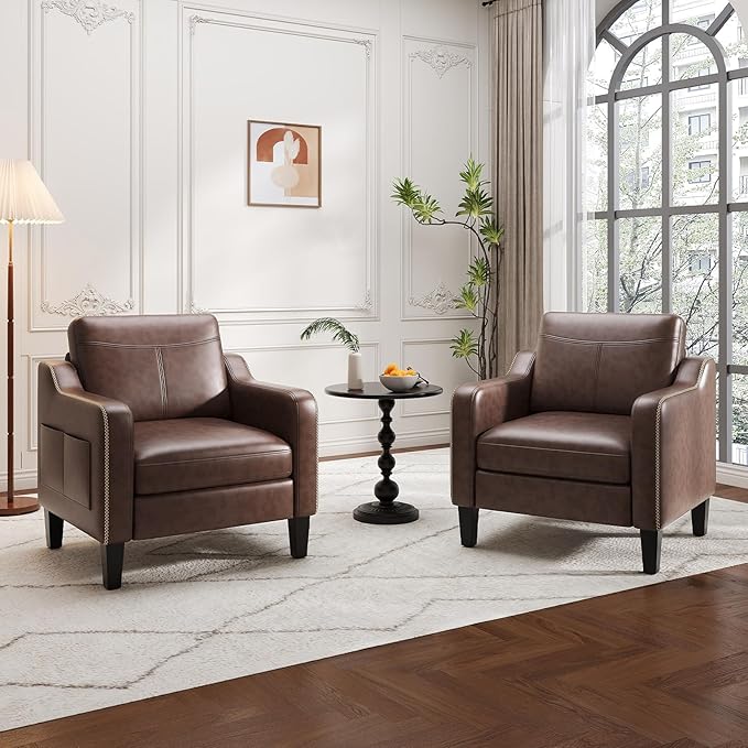 PU Leather Accent Chair, Mid-Century Modern Living Room Armchair Sofa with Removable Cushions, Solid Wood Frame & Stitched Armrest Design, Bedroom Chair with Plastic Legs, Chocolate Brown