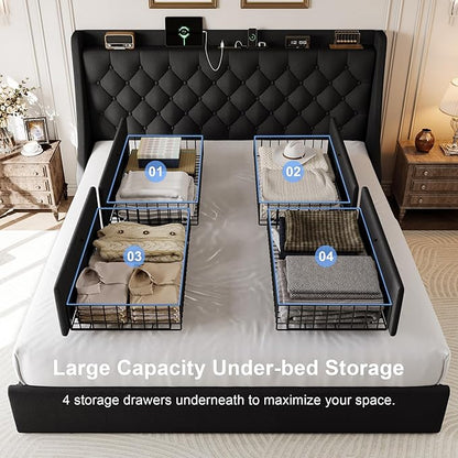 King Size Upholstered Platform Bed Frame with 4 Storage Drawers and Charging Station, Linen Button Tufted Wingback Headboard, Sturdy Wooden Support Slats, No Box Spring Needed, Black