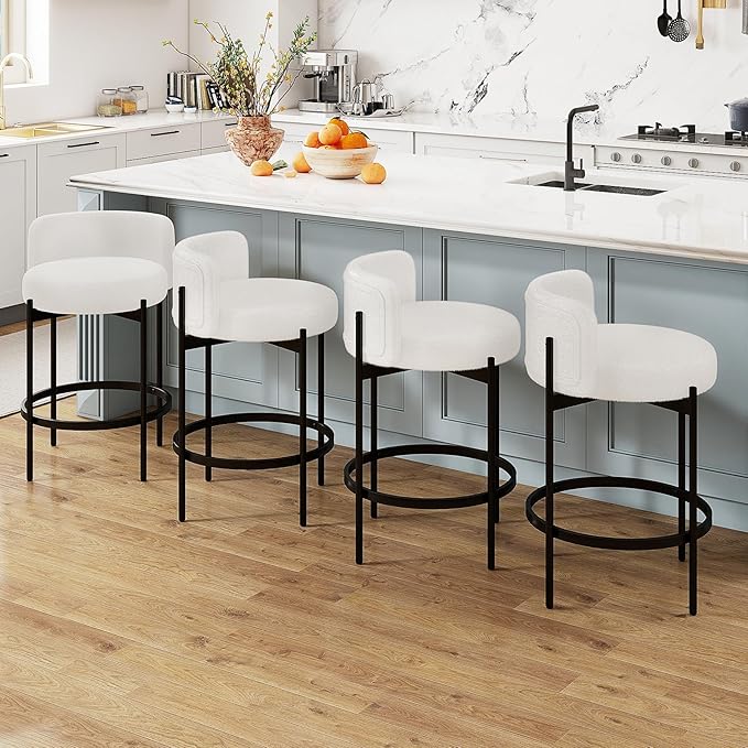 COSTWAY Counter Height Bar Stools Set of 2, 24.5 Inch Boucle Modern Barstools w/Curved Backrest, Metal Frame, Comfy Footrest, Upholstered Island Chairs for Dining Room, Kitchen, Cafe, 400 LBS Max Load